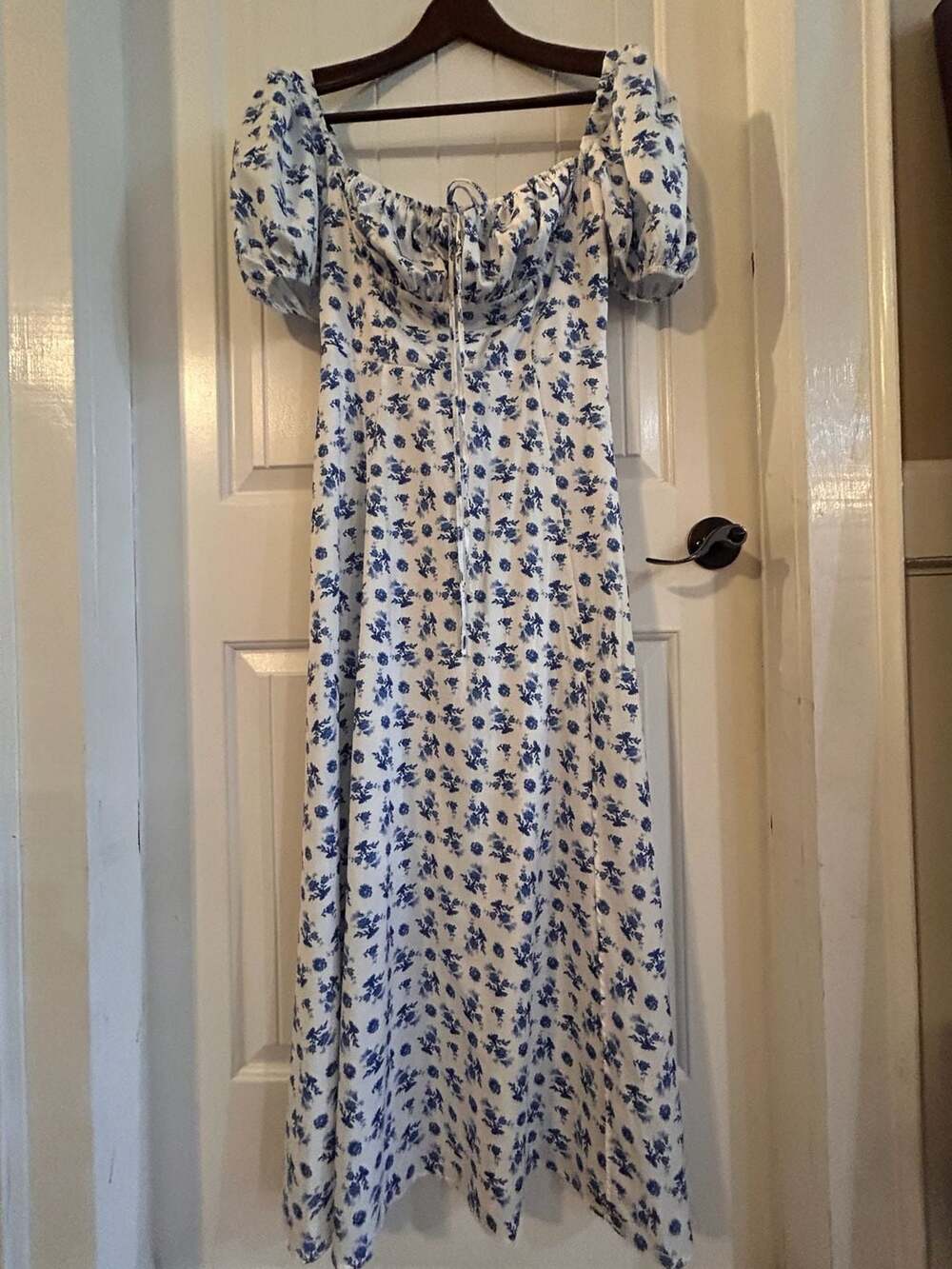 Floral Puff Sleeve Tea Length Milkmaid Dress with Side Slit